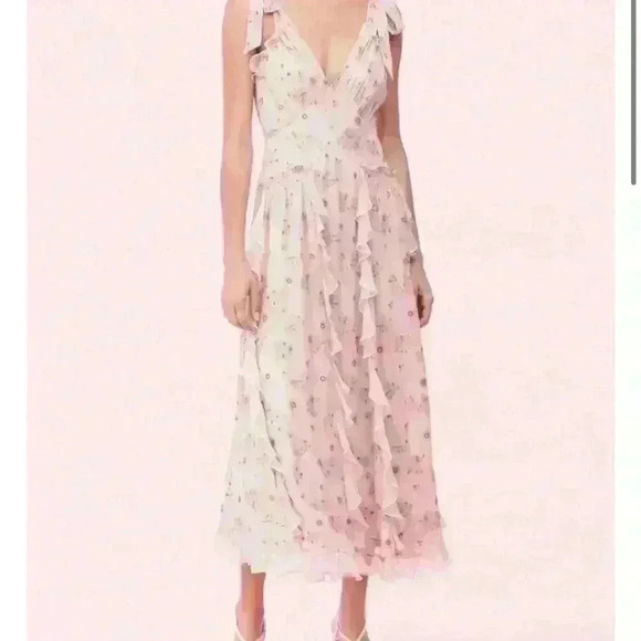 Rebecca Taylor Leander floral metallic clip midi dress in pink silk - Picture 8 of 13